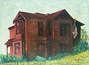 Red Farmhouse with Flag